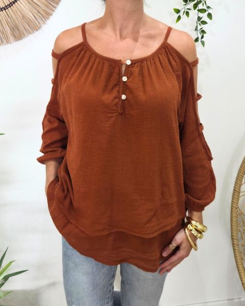 Blouse femme épaules et manches ajourées Cécile-Terracotta