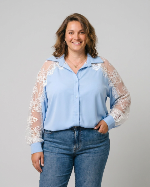Chemisier femme fluide manches dentelle-Bleu