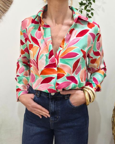Chemisier femme vert d'eau feuillages roses orangés