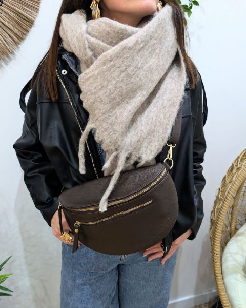Sac banane cuir femme double zip Saphora-Marron