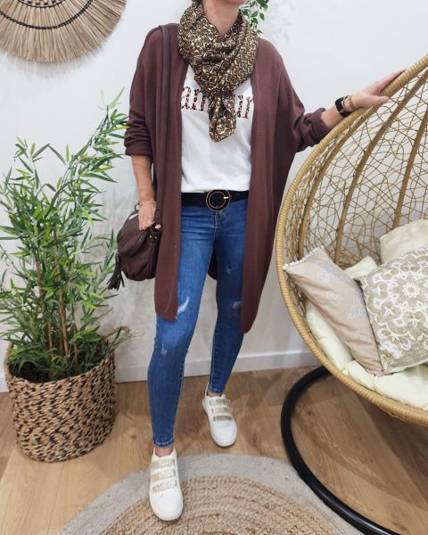 Gilet long uni-Marron foncé