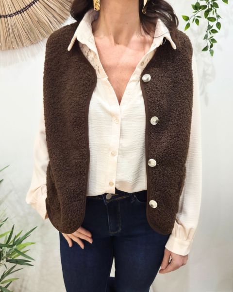 Gilet femme sans manche bouclettes marron choco Alya