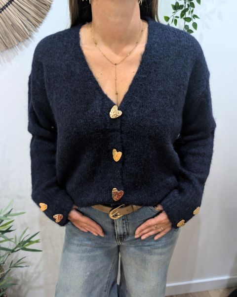 Gilet femme boutons coeurs dorés-Bleu marine