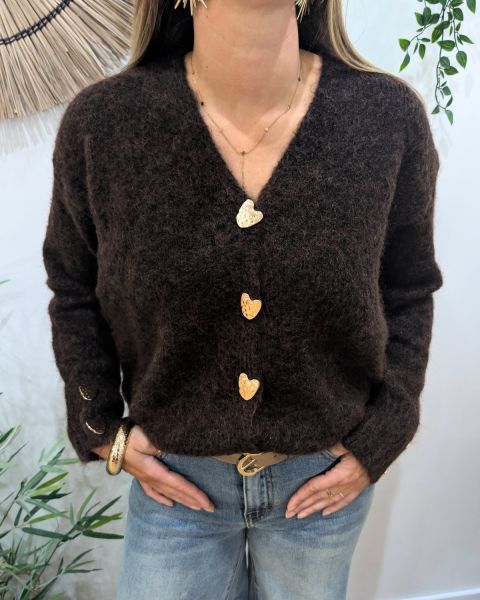 Gilet femme boutons coeurs dorés-Marron