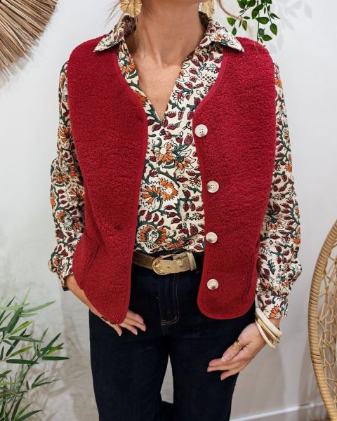 Gilet femme sans manche bouclettes rouge bordeaux Alya
