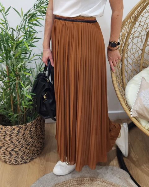 Jupe longue plissée femme élastique pailleté-Camel