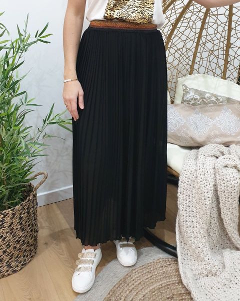 Jupe longue plissée femme élastique pailleté-Noir