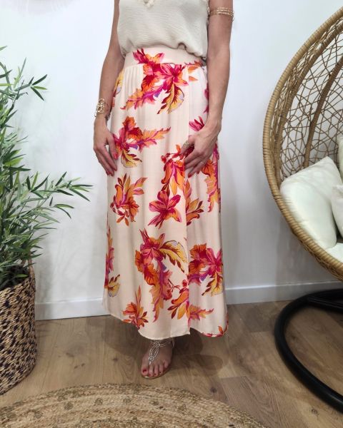 Jupe longue femme beige grosses fleurs roses oranges jaunes Aurora