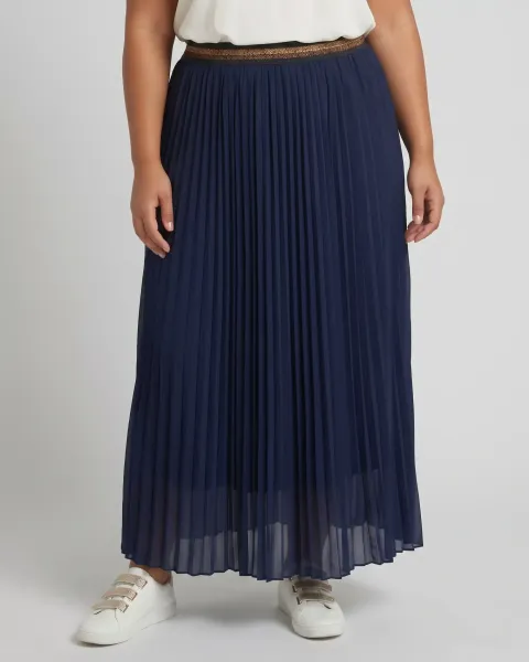 Jupe longue plissée femme grande taille élastique pailleté-Bleu marine