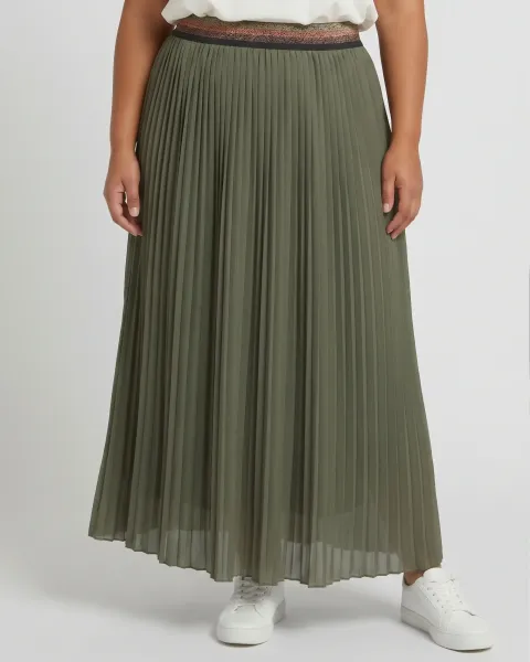 Jupe longue plissée femme grande taille élastique pailleté-Kaki