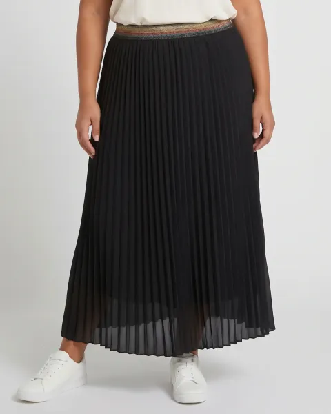 Jupe longue plissée femme grande taille élastique pailleté-Noir