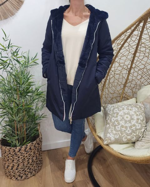 Parka femme longue réversible fausse fourrure bleu marine