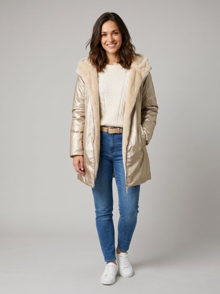 Parka femme dorée réversible fausse fourrure beige Armanda