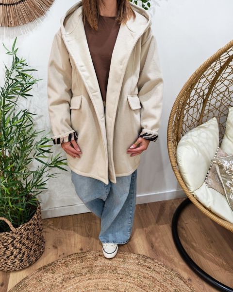 Manteau long femme à capuche étoile zébrée-Beige