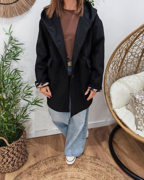 Manteau long femme à capuche étoile zébrée-Noir