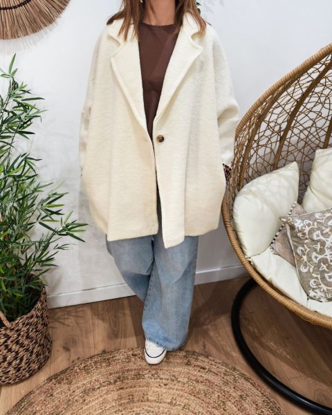 Manteau long femme dos étoile et manches léopard-Ecru