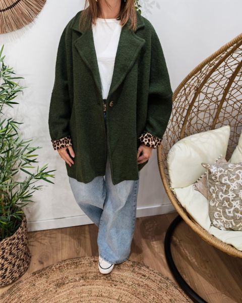 Manteau long femme dos étoile et manches léopard-Kaki