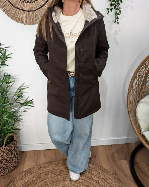 Parka longue femme marron fourrée beige Branca
