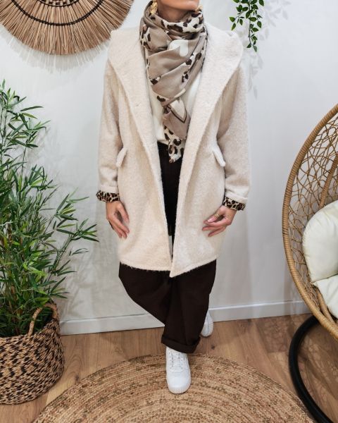 Manteau long femme à capuche poches plaquées-Beige
