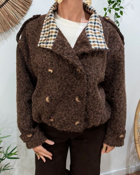 Manteau court femme effet bombers col montant revers à carreaux-Marron