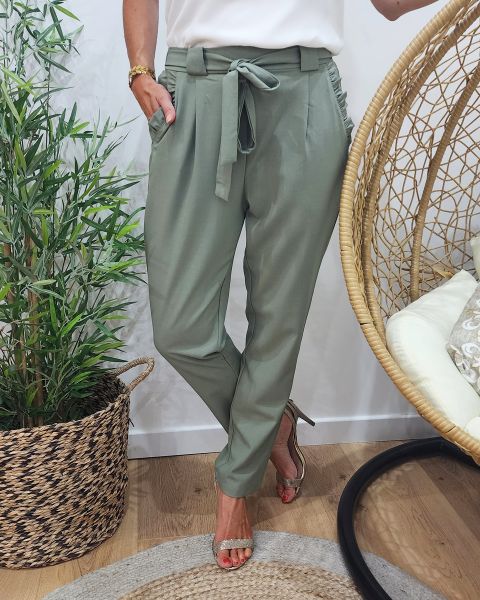 Pantalon femme fluide paper bag kaki clair poches à volants