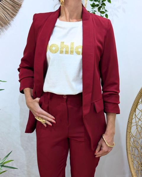 Blazer femme manches plissées rouge bordeaux
