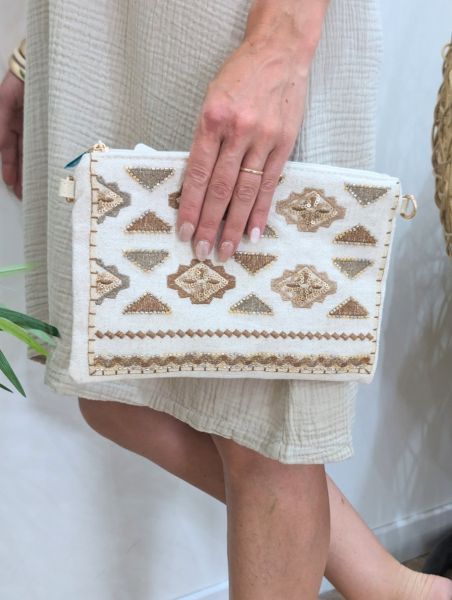 Sac pochette femme bohème perles et sequins-Beige