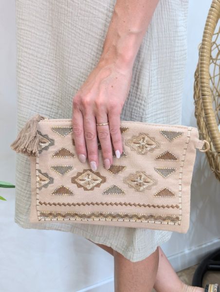 Sac pochette femme bohème perles et sequins-Camel