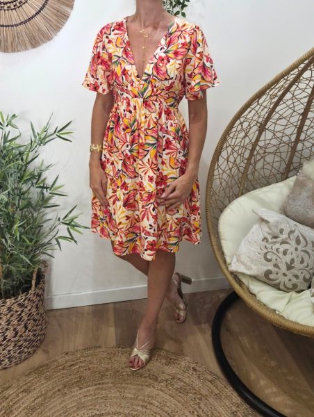  Robe courte femme beige fleurs fuchsia oranges multicolores Seraphine