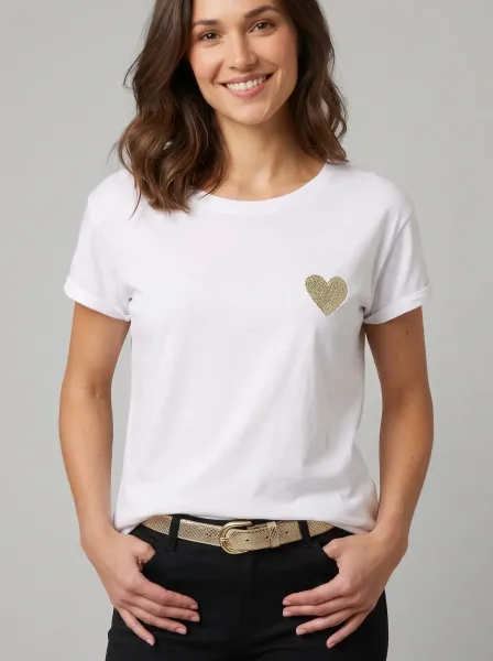 T-Shirt broderie coeur dégradé doré-Blanc