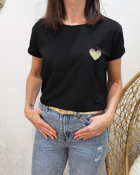 T-Shirt broderie coeur dégradé doré-Noir