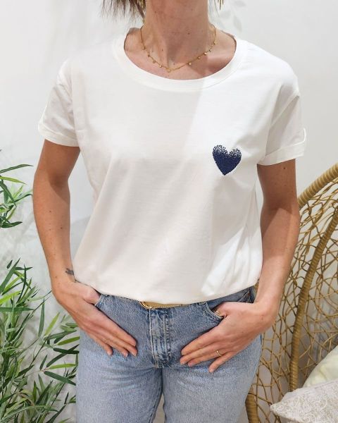 T-Shirt blanc broderie coeur dégradé-Bleu marine