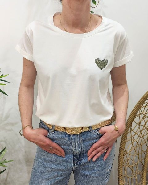 T-Shirt blanc broderie coeur dégradé-Kaki