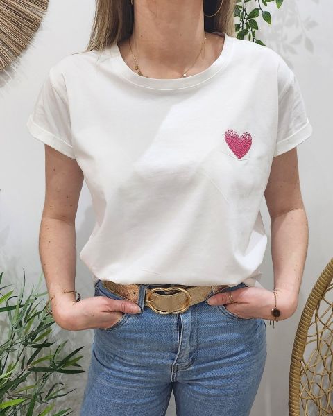 T-Shirt blanc broderie coeur dégradé-Rose fuchsia