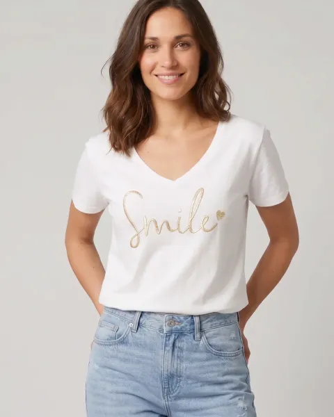 T-Shirt femme blanc broderie smile dorée