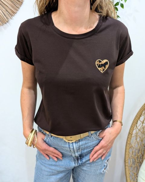 T-shirt femme marron coeur léopard taupe