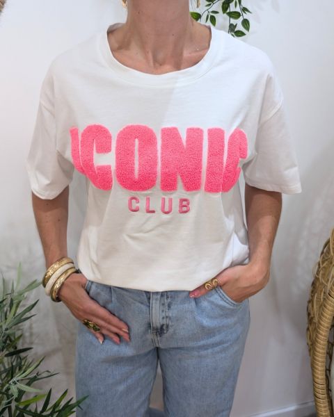 T-shirt femme blanc et rose fuchsia Iconic club 
