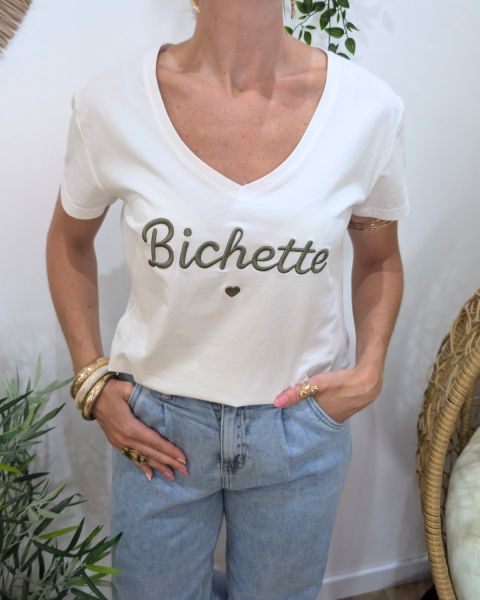 T-Shirt femme blanc broderie bichette kaki