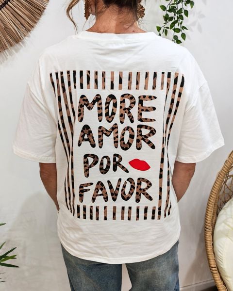 T-shirt femme blanc léopard more amor por favor rayé