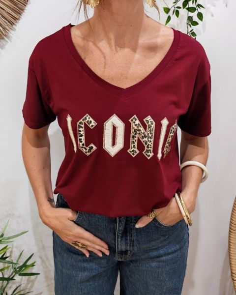 T-Shirt femme Iconic rock léopard paillettes dorées-Rouge bordeaux