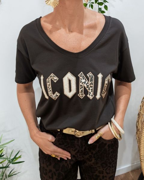 T-Shirt femme Iconic rock léopard paillettes dorées-Marron