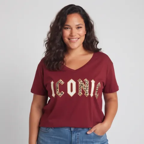 T-Shirt grande taille femme Iconic rock léopard paillettes dorées-Rouge bordeaux