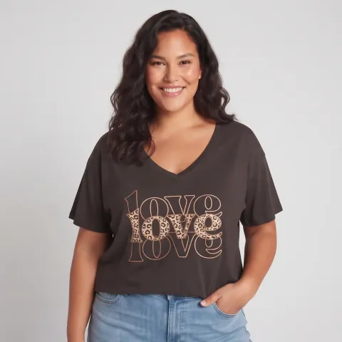 T-Shirt grande taille femme Love léopard et paillettes dorées-Marron