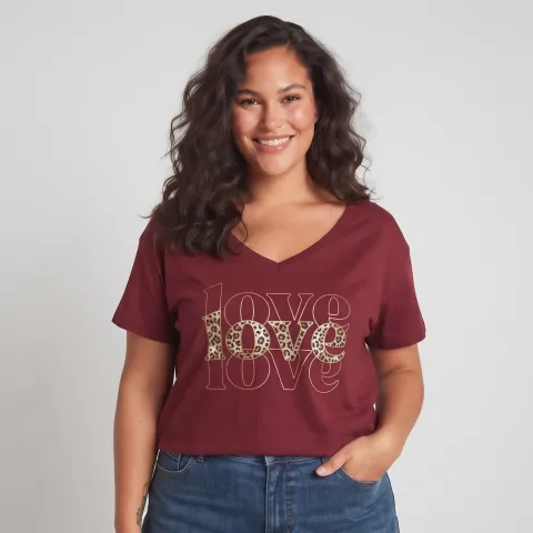 T-Shirt grande taille femme Love léopard et paillettes dorées-Rouge bordeaux