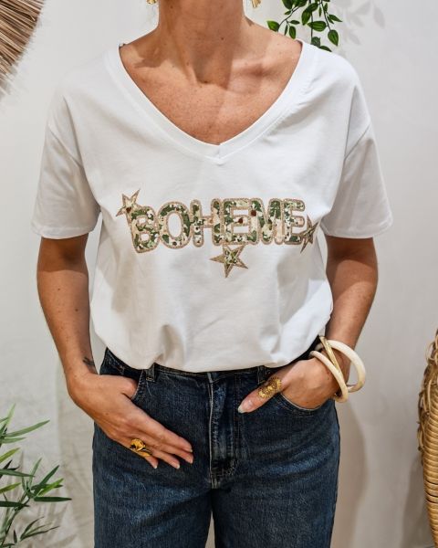 T-Shirt femme blanc Bohème fleuri et paillettes dorées-Kaki