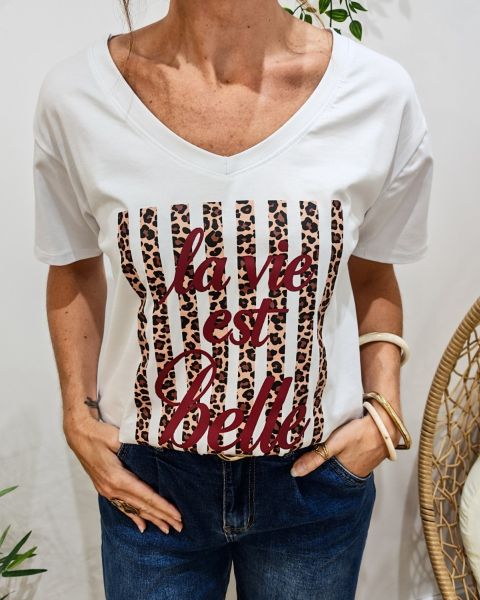 T-Shirt femme blanc La vie est belle rayures léopard-Rouge bordeaux