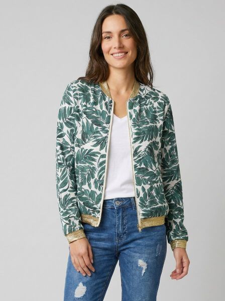 Bombers femme écru feuillage vert
