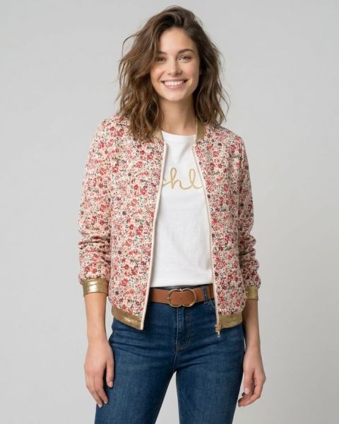 Bombers femme blanc petites fleurs rouges cerises et vertes mi-saison léger