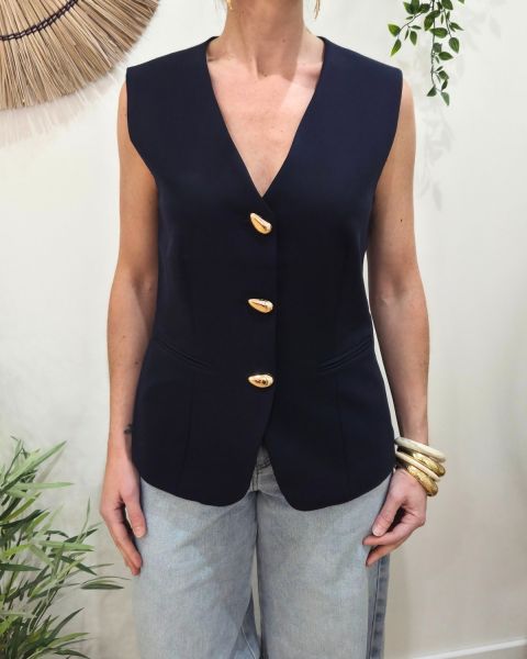Veste sans manches femme marine boutons dorés Elio
