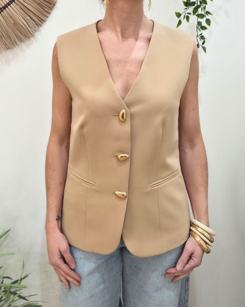 Veste sans manches femme camel clair boutons dorés Elio